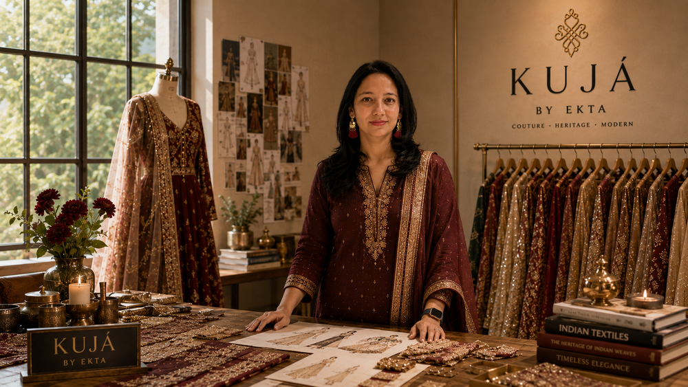 A woman stands behind a table in a boutique interior, wearing a deep maroon embroidered kurta with gold detailing. The background features a mannequin in a matching embroidered dress, racks of clothing, and a wall sign reading 'KUJÁ BY EKTA'.