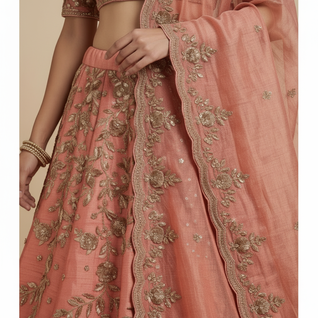 Salmon raw silk lehenga set