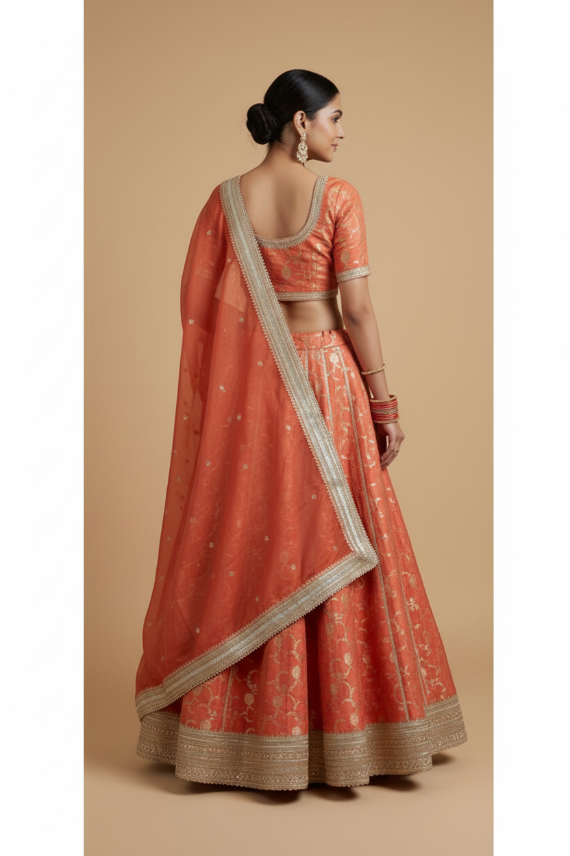 Coral and light gold lehenga set
