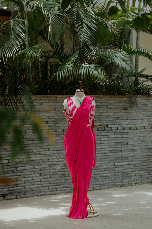 Hot pink pre-draped saree