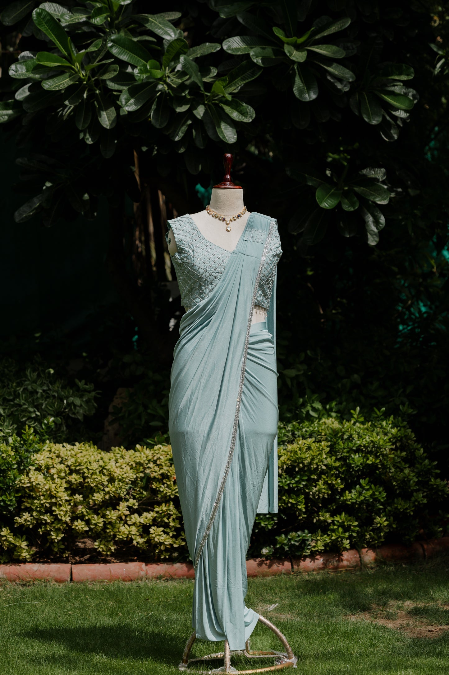 Aqua pre-draped saree