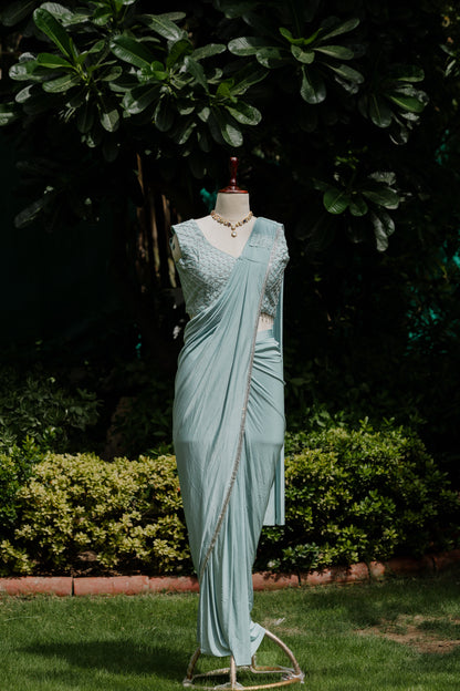 Aqua pre-draped saree