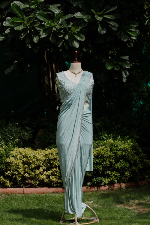 Aqua pre-draped saree