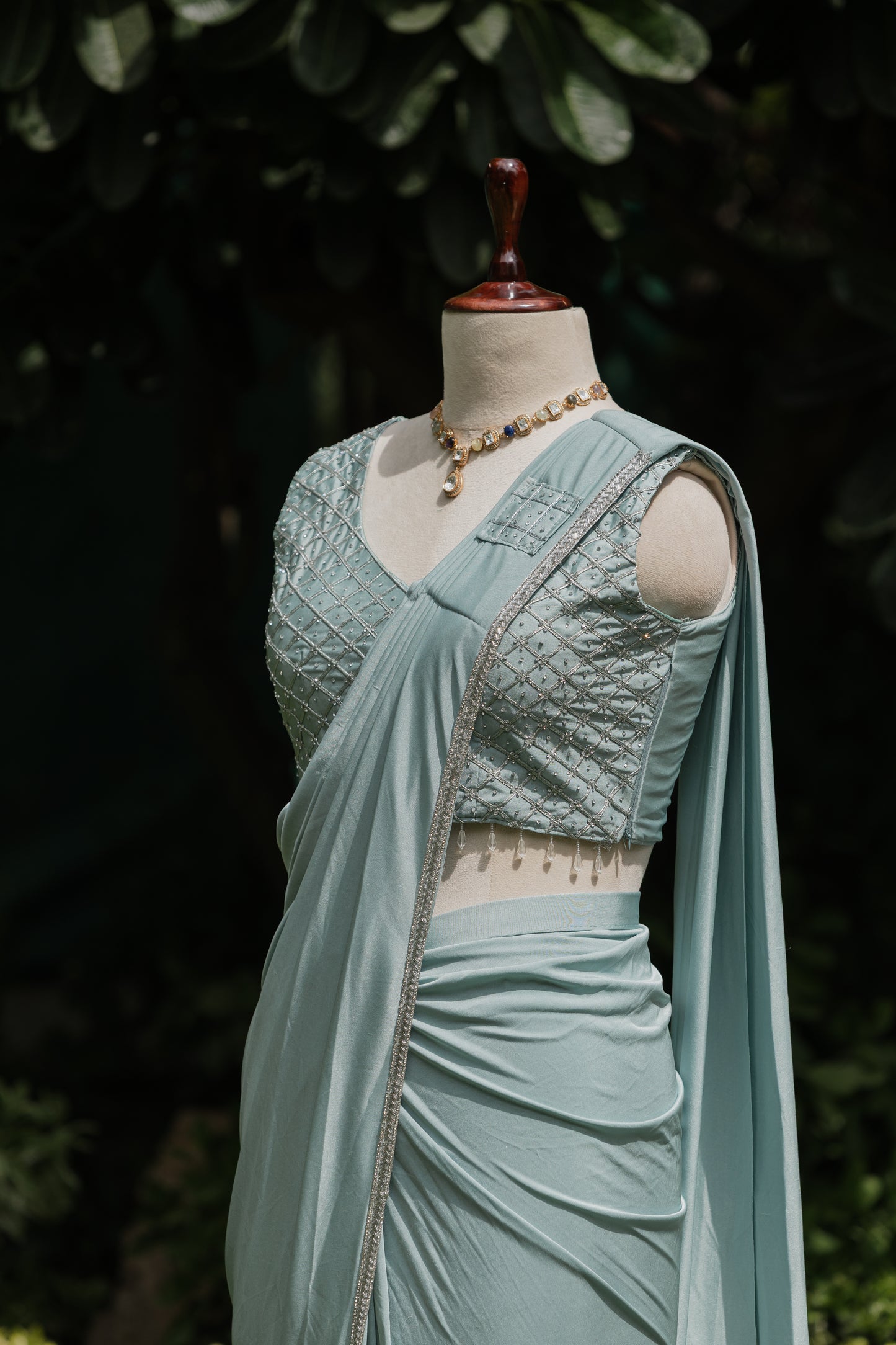 Aqua pre-draped saree