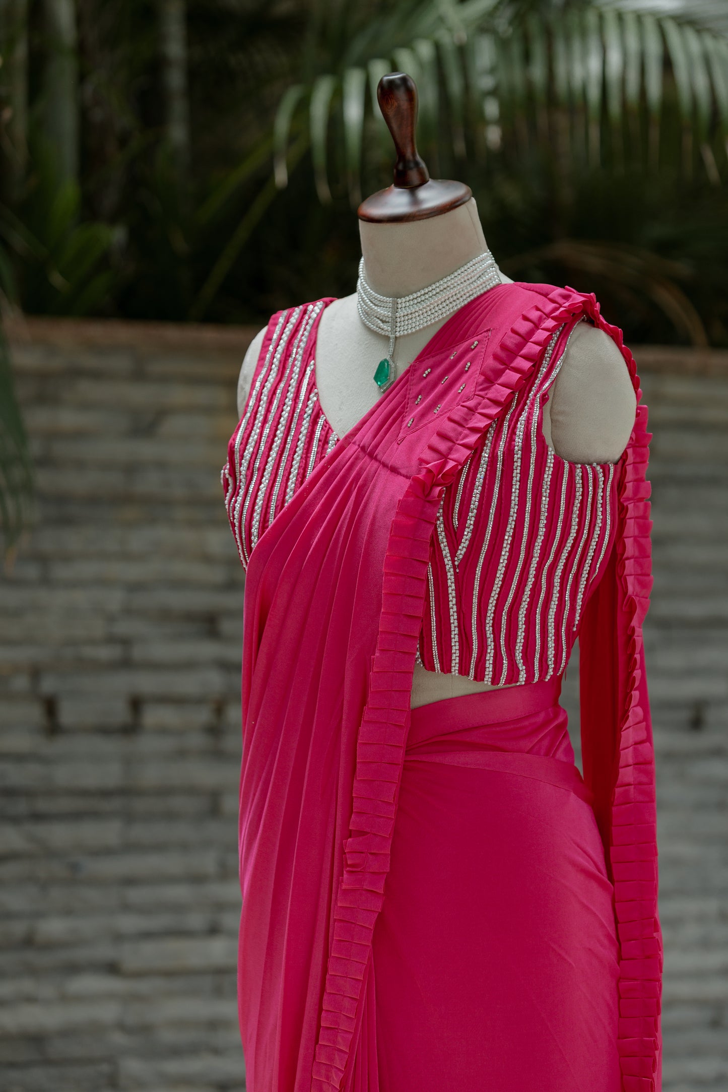 Hot pink pre-draped saree