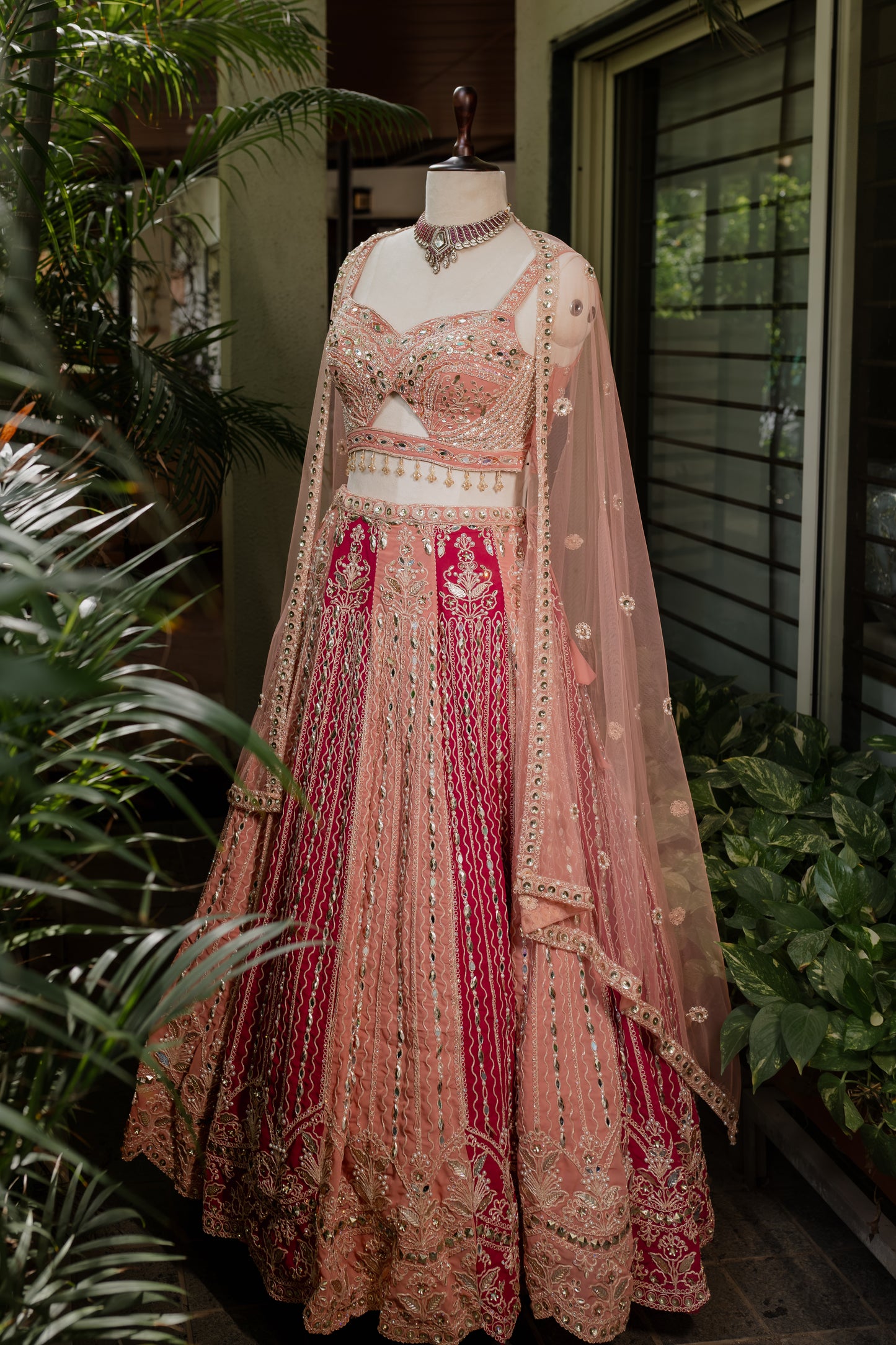 Peach and Pomegranate embroidered lehenga set