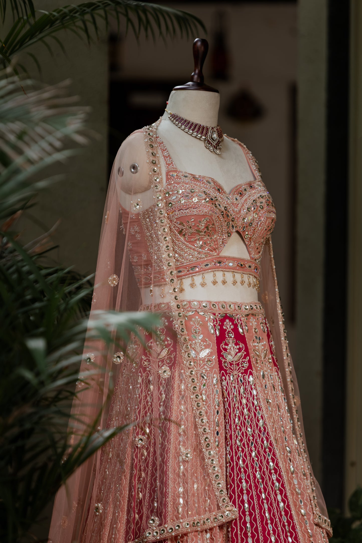 Peach and Pomegranate embroidered lehenga set