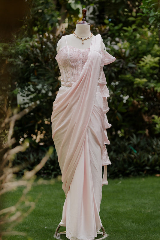 Blush beaded pre-draped saree