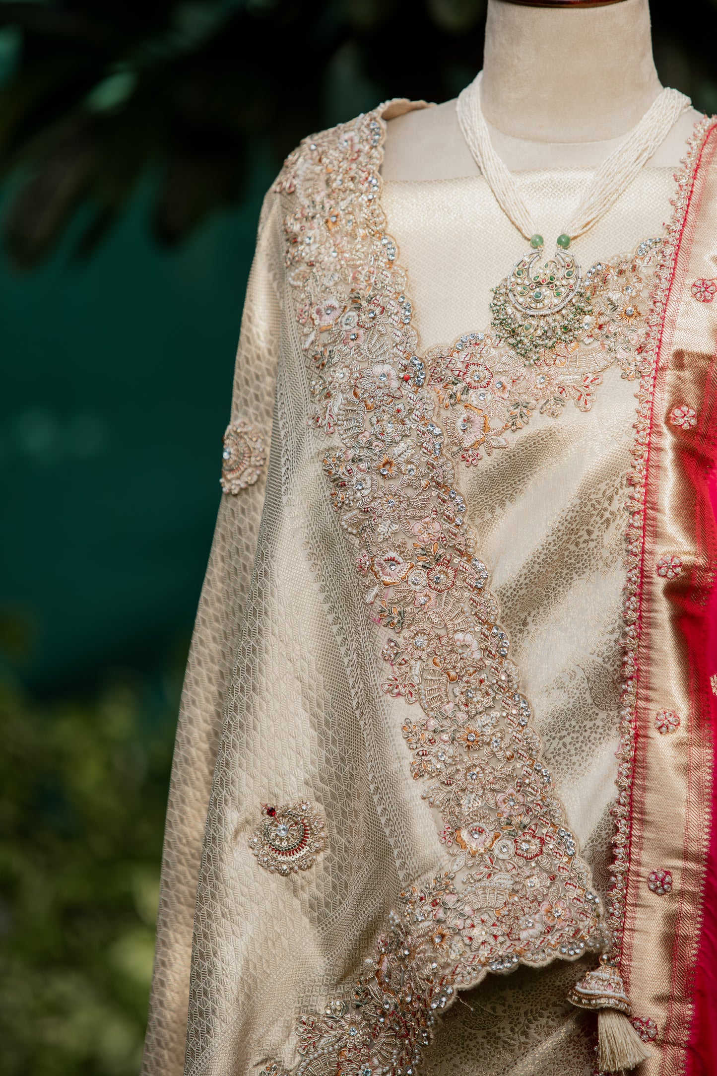 An ornate cream and gold embroidered traditional garment displayed on a mannequin, featuring intricate beadwork, a matching necklace, and a glimpse of a red fabric panel against a blurred green background.