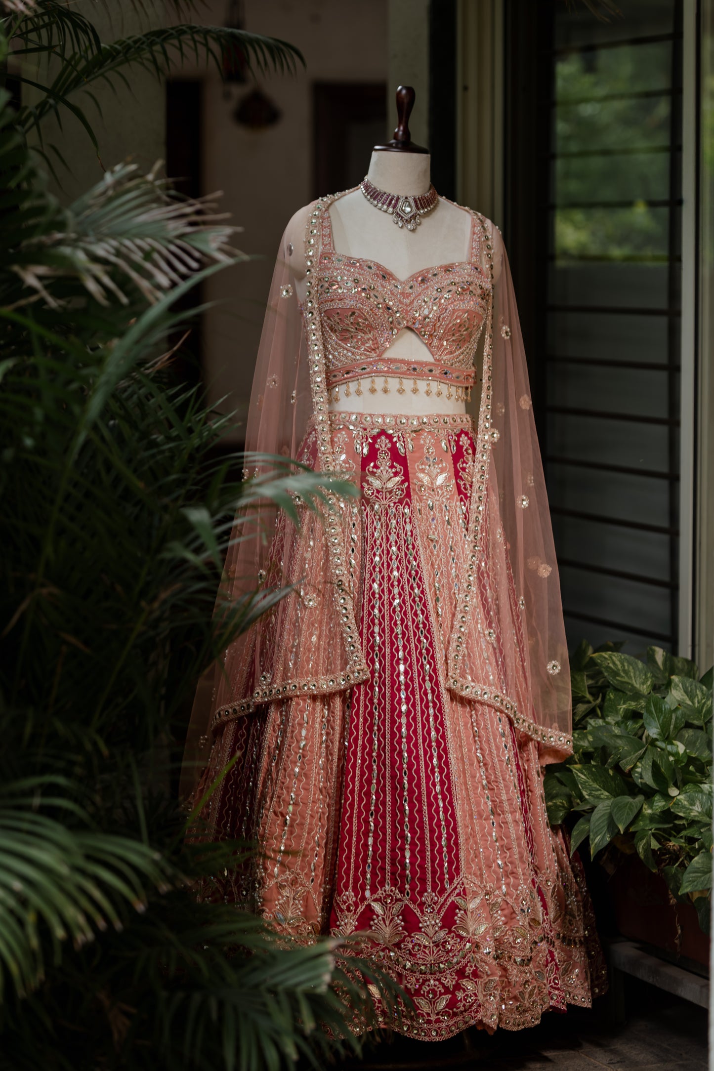 Peach and Pomegranate embroidered lehenga set