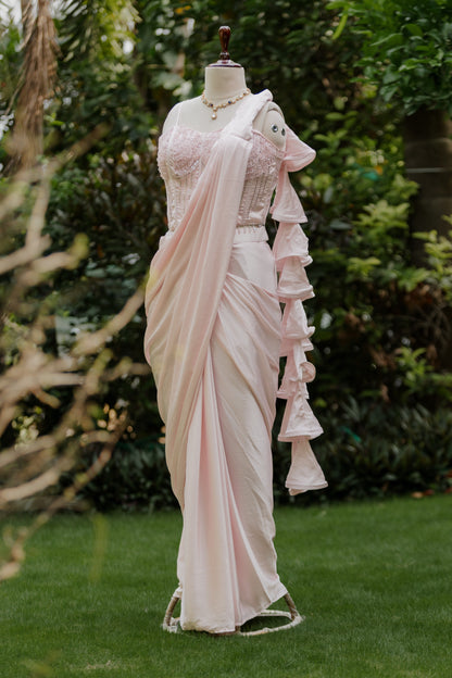 Blush beaded pre-draped saree