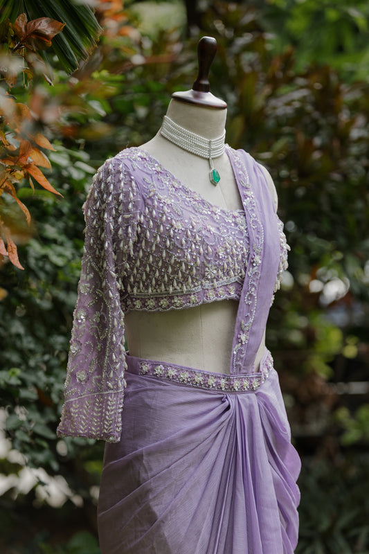 Lavender pre-draped saree