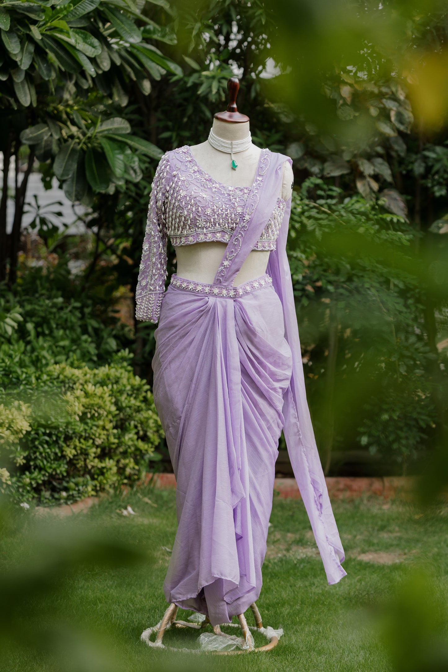 Lavender pre-draped saree
