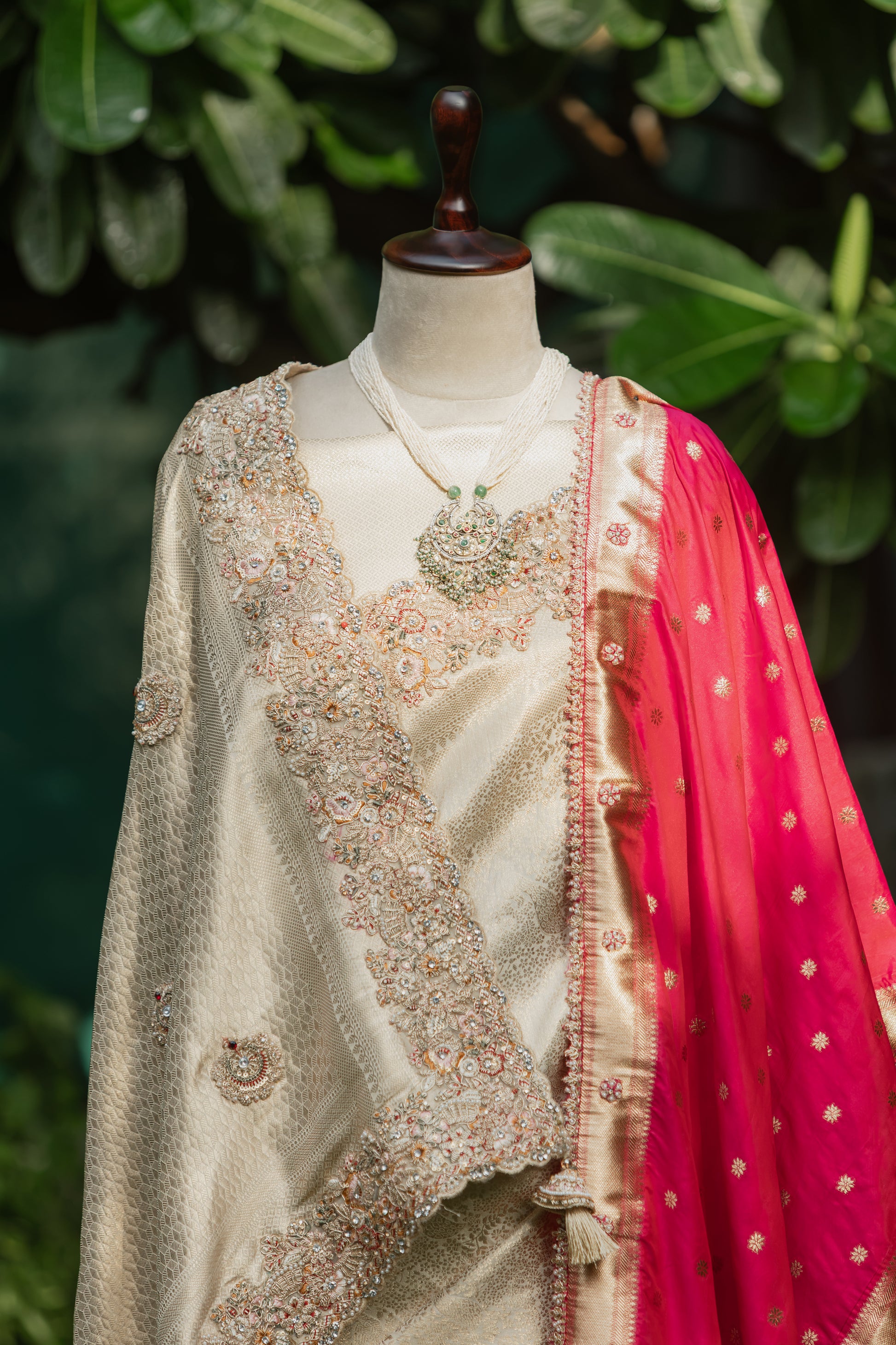 An off-white embroidered traditional outfit draped on a mannequin, featuring intricate gold and pink floral embroidery, a matching pink dotted dupatta, and a green pendant necklace, set against a background of green foliage.