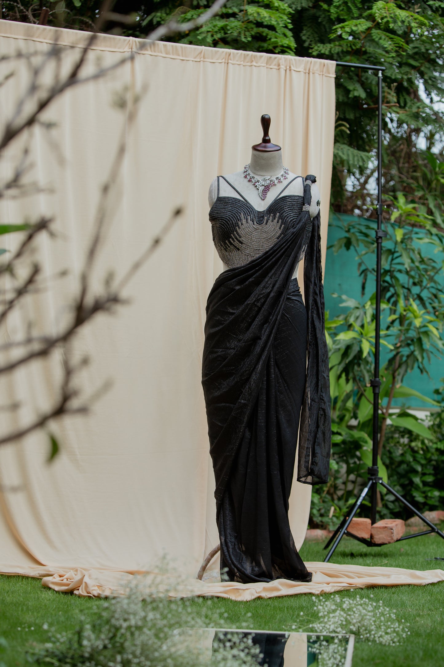 Midnight crystal pre-draped saree