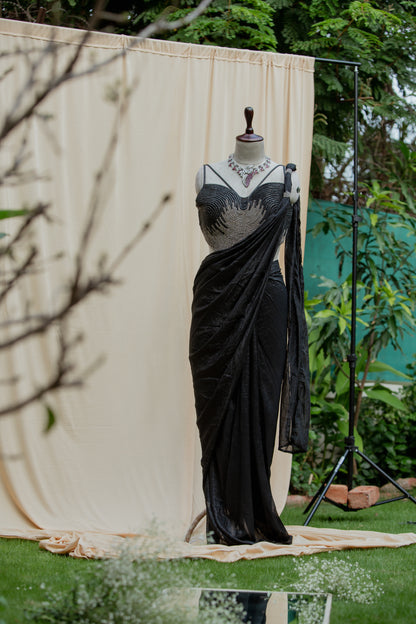 Midnight crystal pre-draped saree