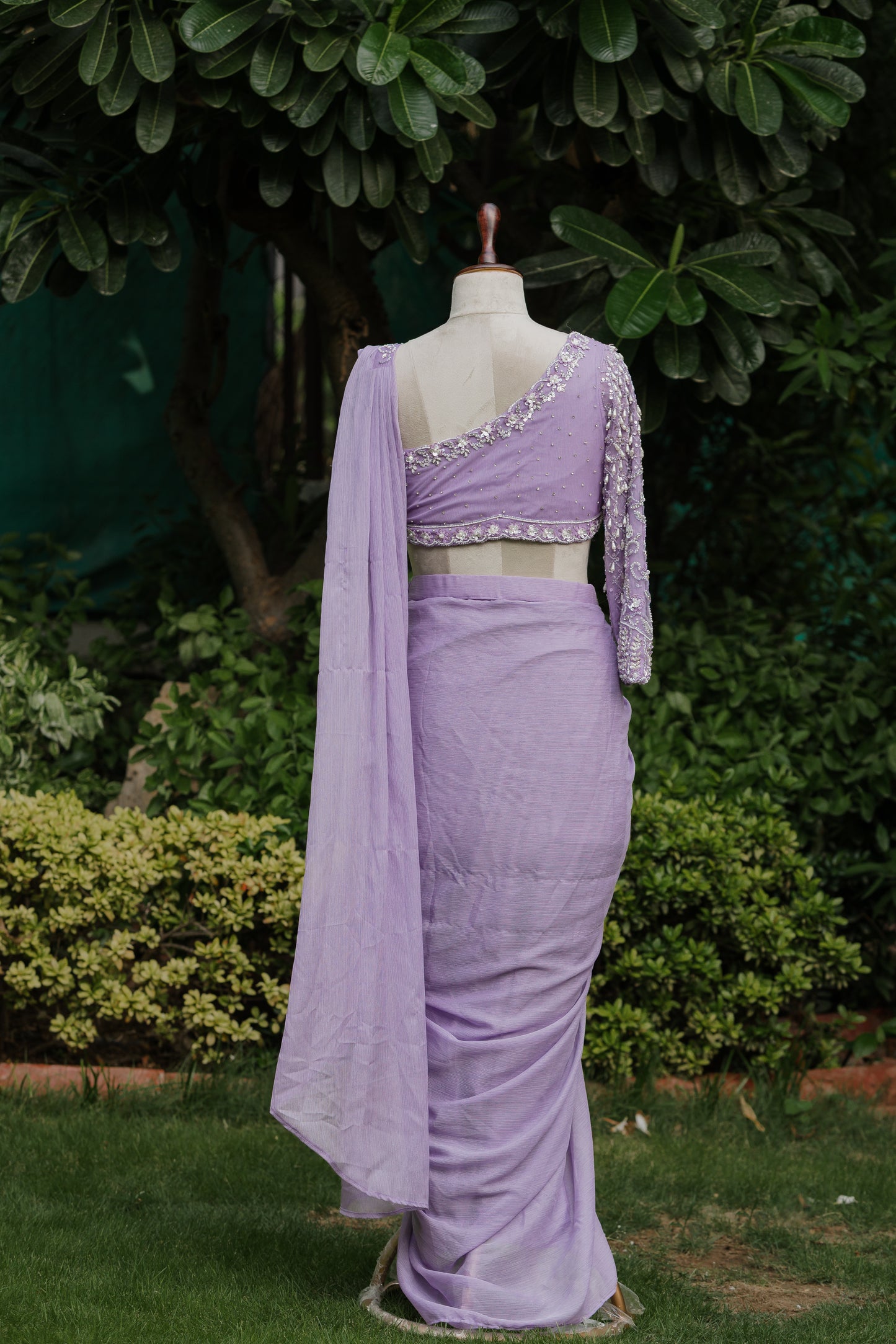 Lavender pre-draped saree
