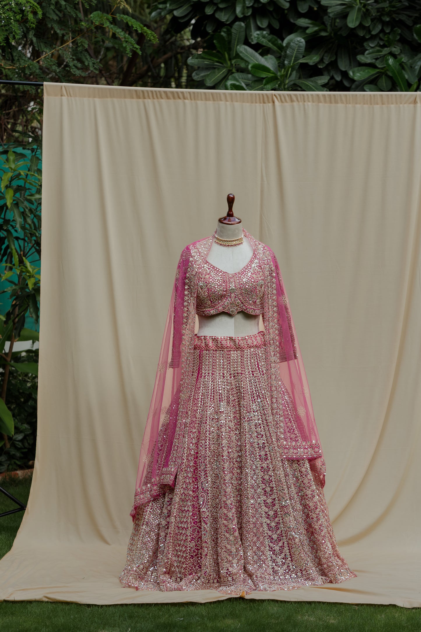Ruby mirror work lehenga set