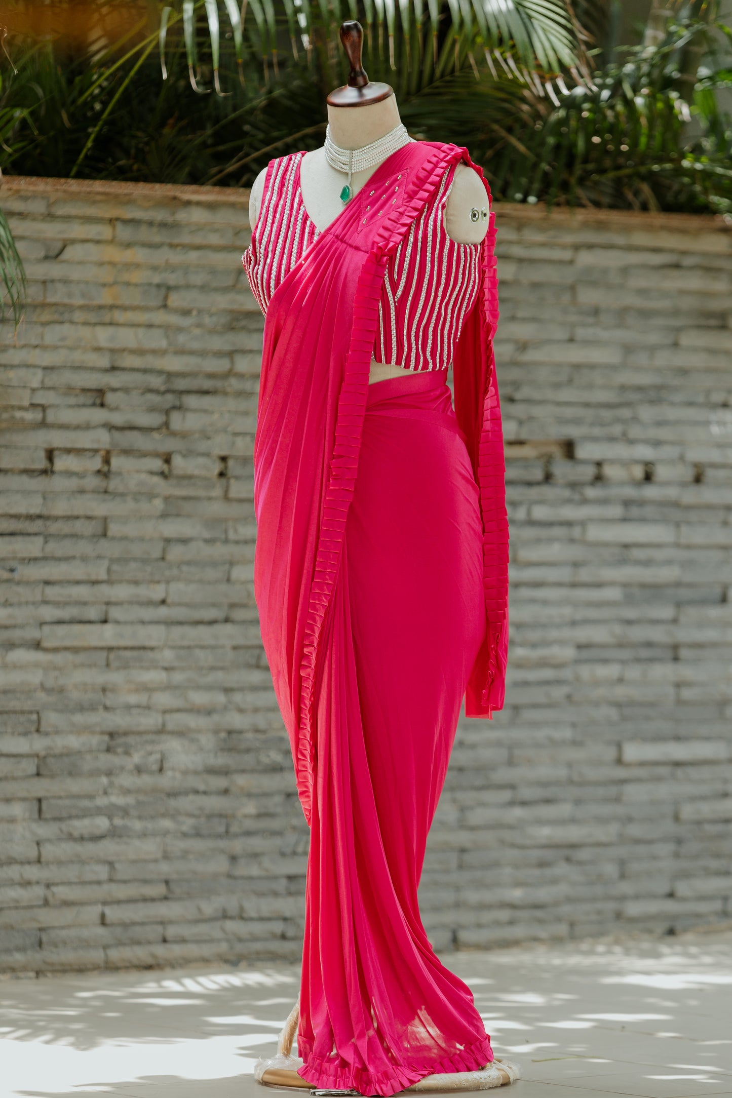 Hot pink pre-draped saree