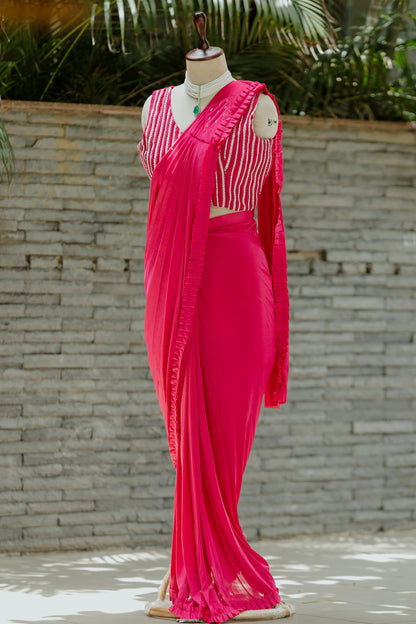 Hot pink pre-draped saree