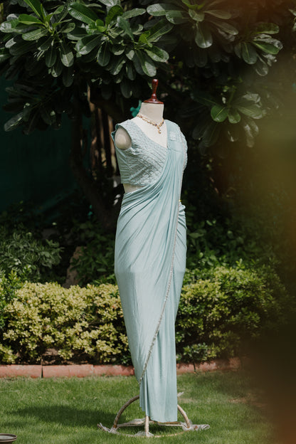 Aqua pre-draped saree