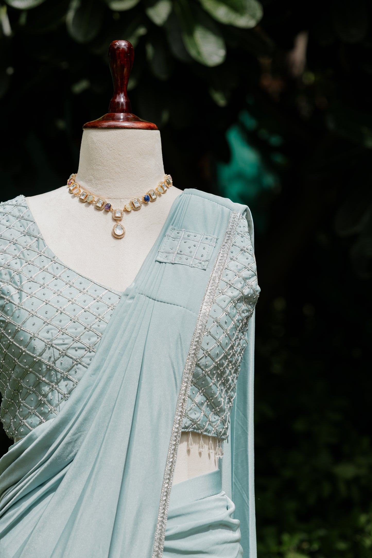 Aqua pre-draped saree