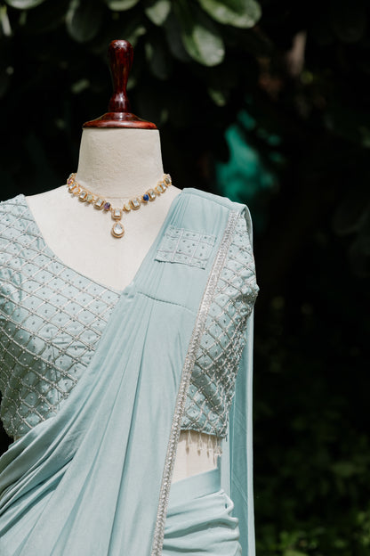 Aqua pre-draped saree