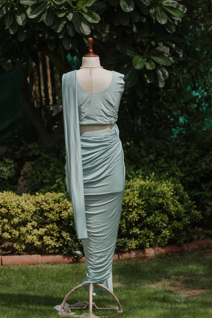 Aqua pre-draped saree