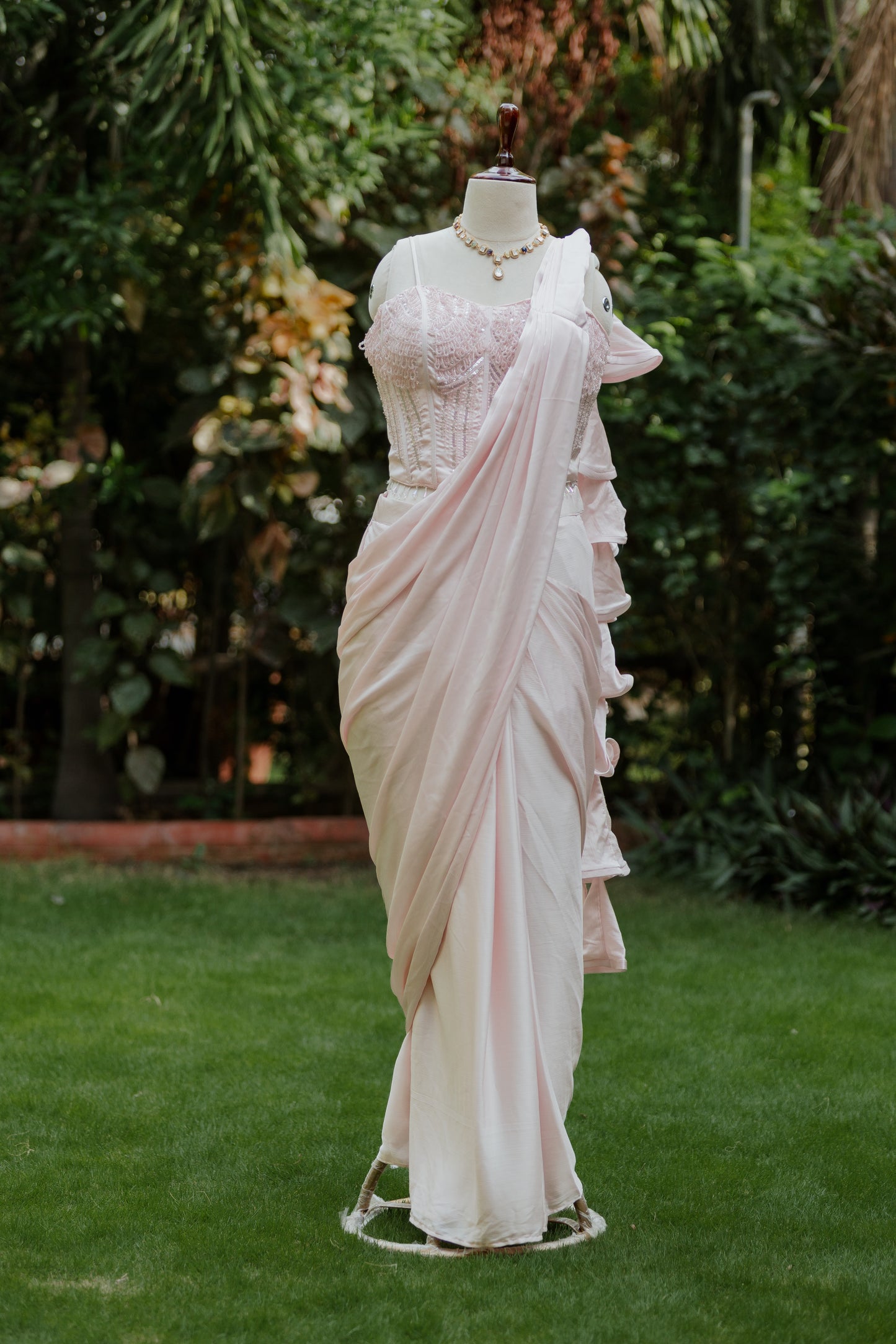 Blush beaded pre-draped saree