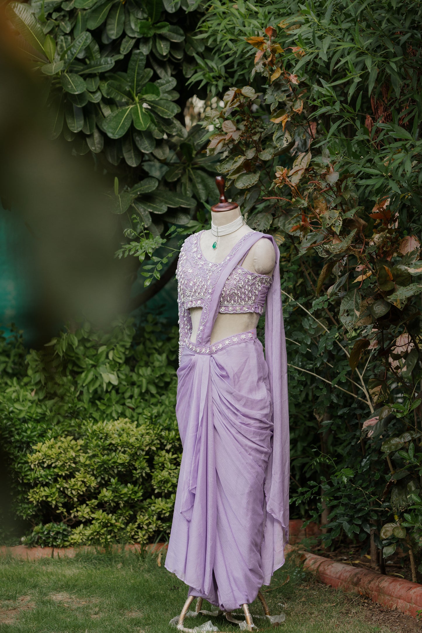 Lavender pre-draped saree
