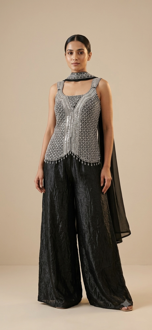 Glamorous black beaded palazzo set
