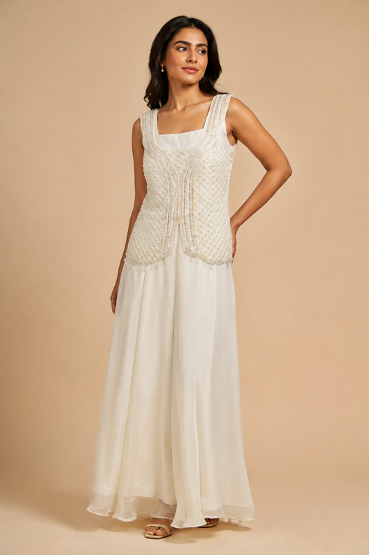 Ethereal ivory beaded palazzo ensemble