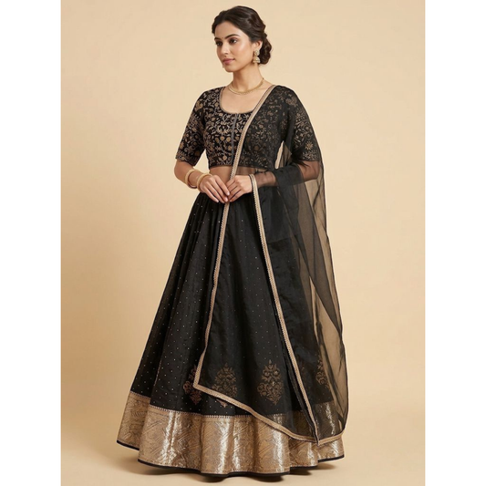 Woman wearing a black embroidered traditional outfit with a beige background