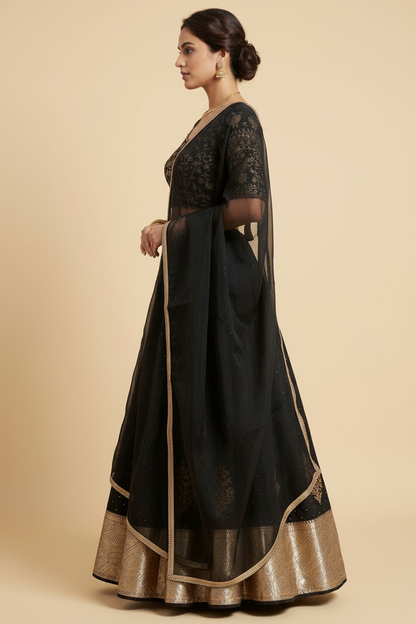 Elegant black and gold zari lehenga set