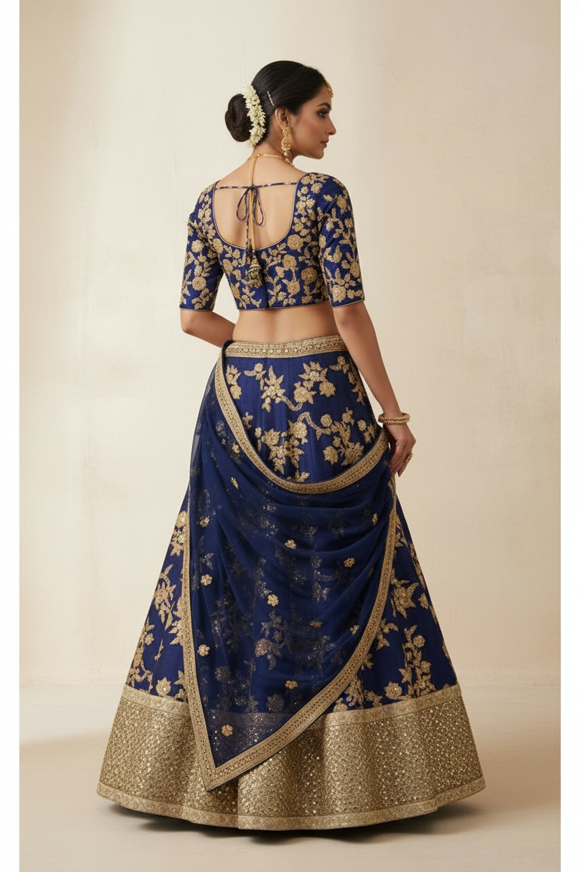 Royal Blue And Gold Vintage Lehenga Set