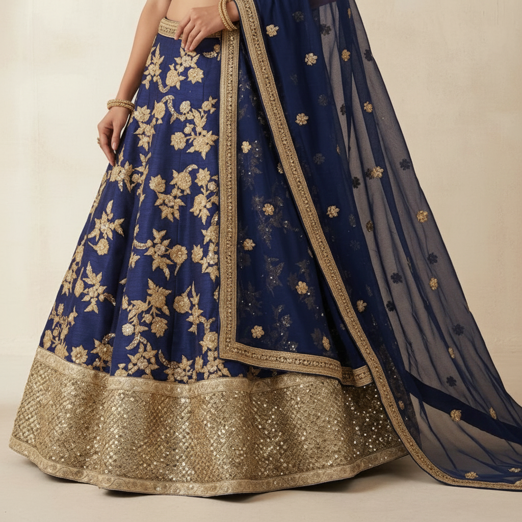 Royal Blue And Gold Vintage Lehenga Set