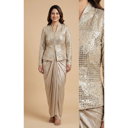 Woman wearing a silver sequin outfit with a beige background