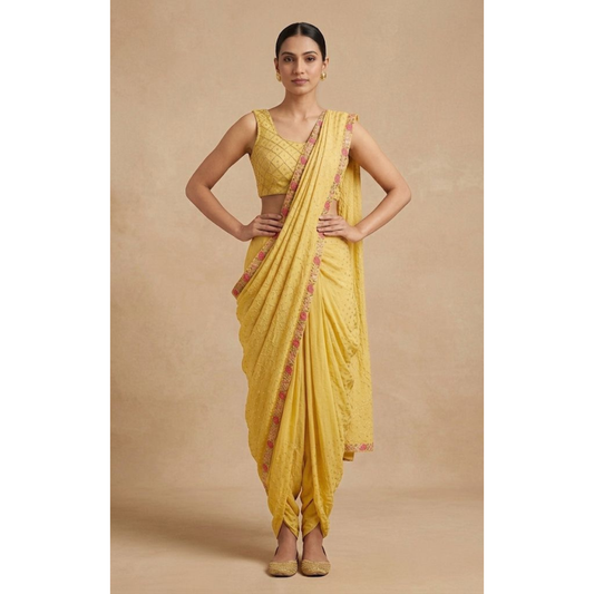 Woman wearing a yellow saree with a plain background