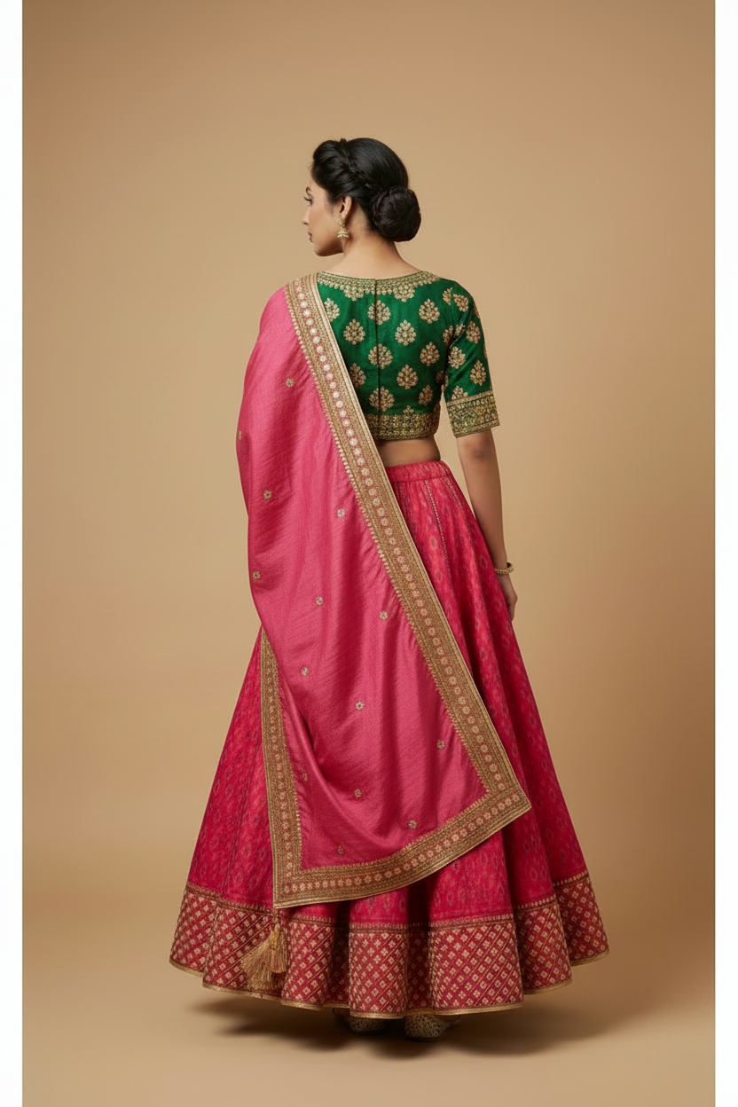 A woman modeling a traditional Indian lehenga choli outfit from the back, featuring a bright pink skirt with gold zari borders, a green embroidered blouse, and a matching pink dupatta.