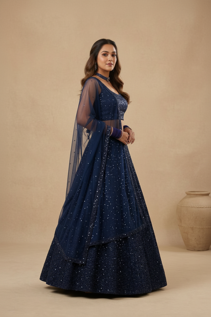 Prussian Blue Sequin Embellished Outfit
