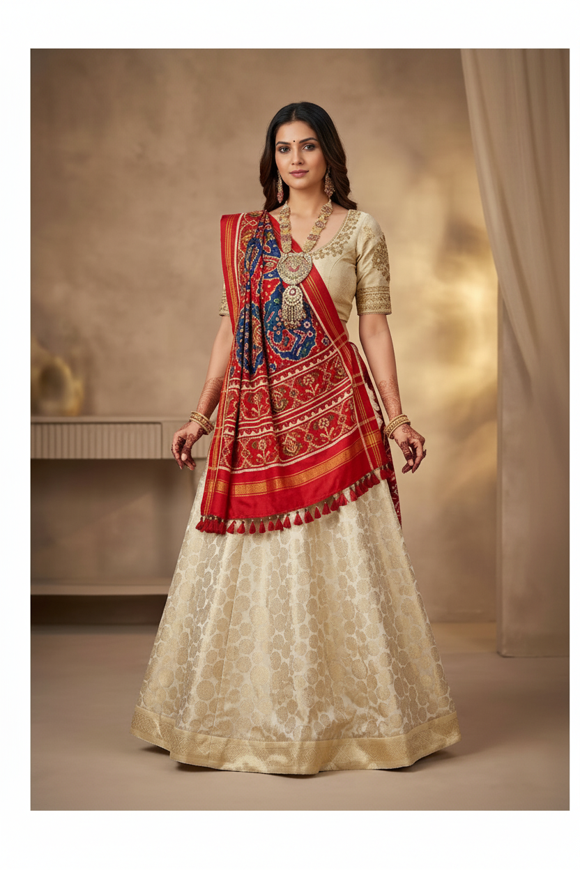 Woman wearing a traditional outfit with a red and gold dupatta against a neutral background