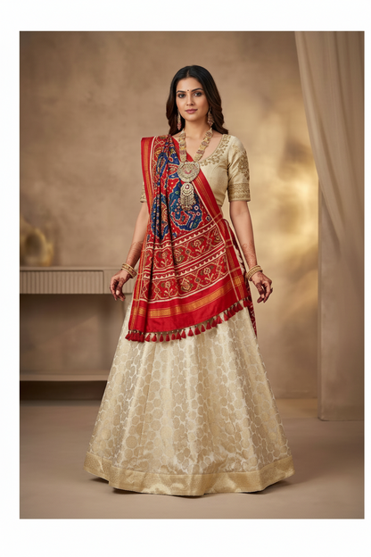 Woman wearing a traditional outfit with a red and gold dupatta against a neutral background