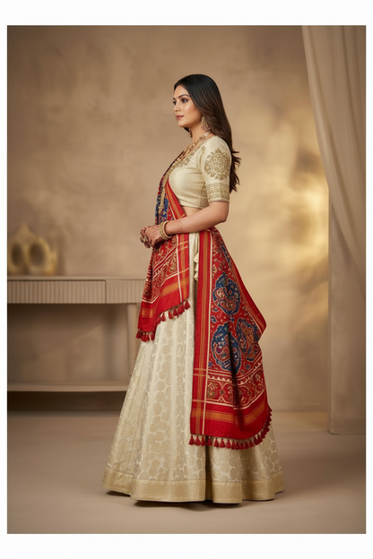 Gold brocade with red patola set
