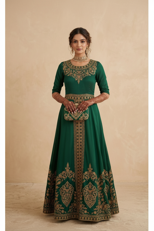 Woman wearing a green embroidered dress on a beige background