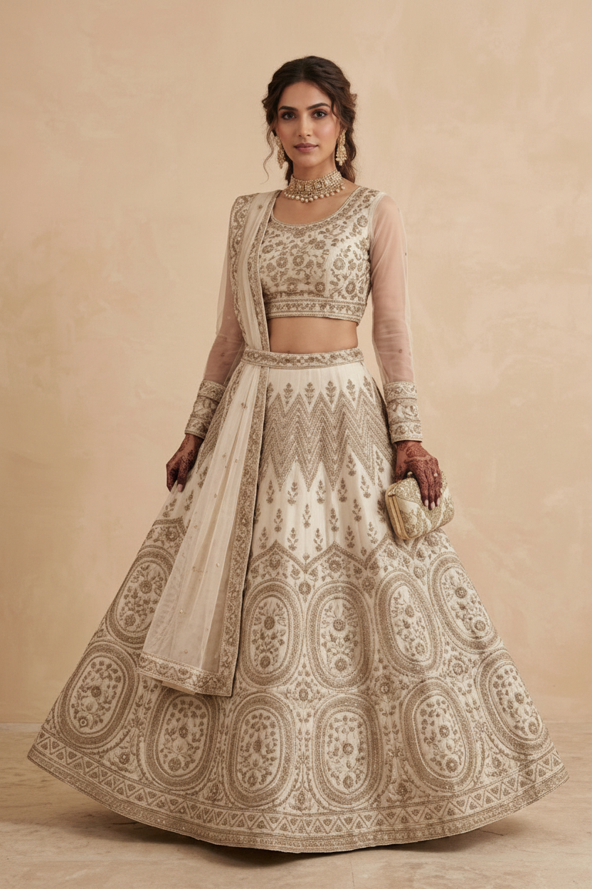 Woman wearing a traditional embroidered outfit on a beige background