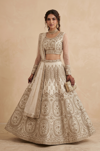 Woman wearing a traditional embroidered outfit on a beige background