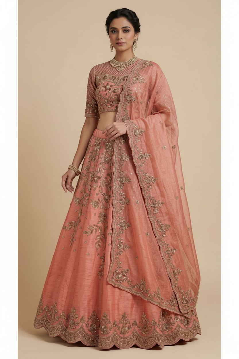 Peach-colored embroidered traditional outfit on a beige background