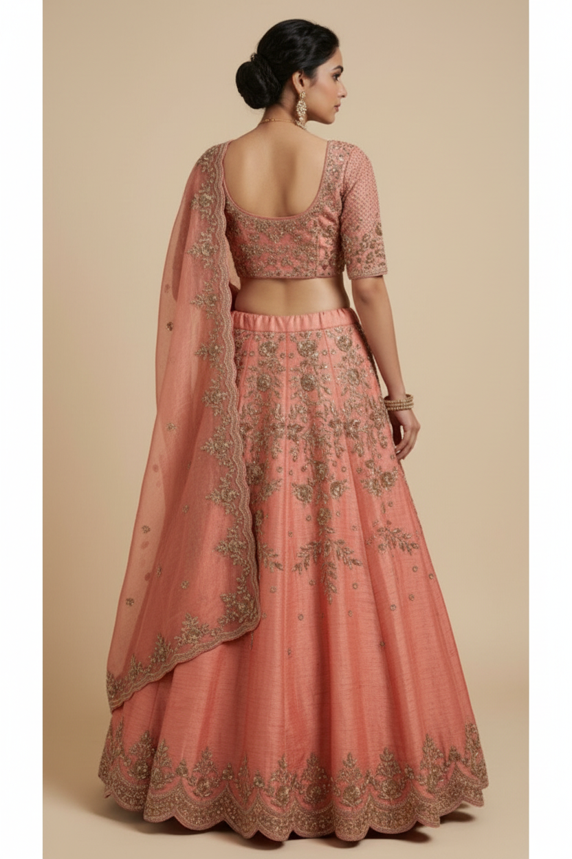 Salmon raw silk lehenga set