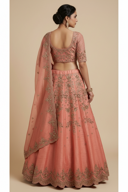 Salmon raw silk lehenga set
