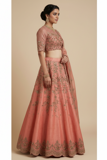 Salmon raw silk lehenga set
